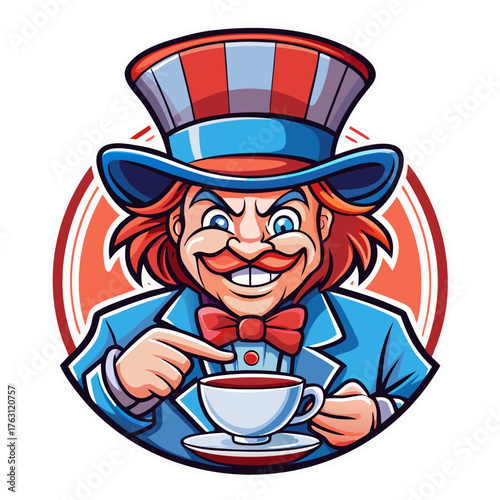 Sticker of whimsical character of a smiling mad hatter holding a teacup against a vibrant circular background