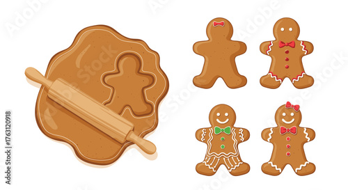 Illustration of gingerbread cookies with dough and rolling pin on a white background