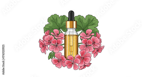Bottle of oil with dropper surrounded by pink geranium flowers and green geranium leaves on white