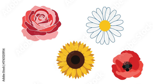 A colorful arrangement of different flowers including roses and sunflowers