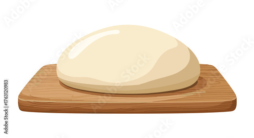 A smooth mound of dough resting on a rectangular wooden cutting board against a white background