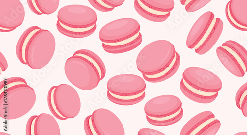 A seamless pattern of pink macarons with white filling on a light pink background illustration