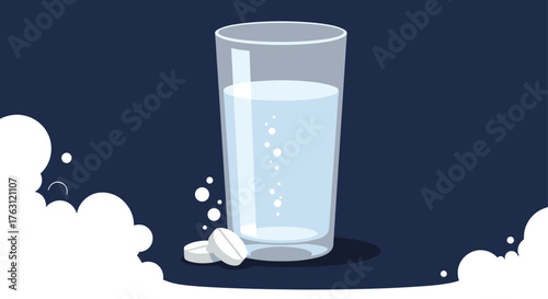 A glass of water with bubbles and two white pills on a dark blue background with white cloud shapes