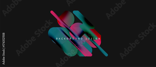 Abstract design features vibrant overlapping shapes. Dark background emphasizes colorful elements, creating modern visual impact.