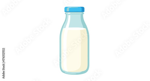 A cartoon illustration of a glass milk bottle with a blue cap against a white background image