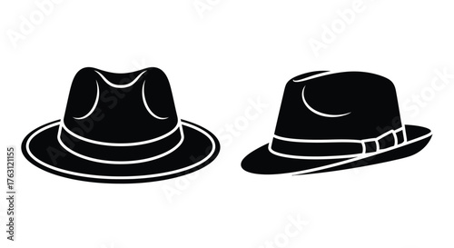 Two black fedora hats presented in a simple graphic style illustration