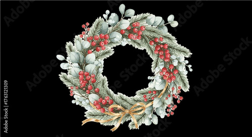 Christmas wreath made of pine branches, red berries, and frosted eucalyptus