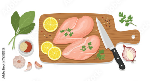 Raw chicken breasts with lemon slices and herbs on a wooden cutting board with a knife and onion