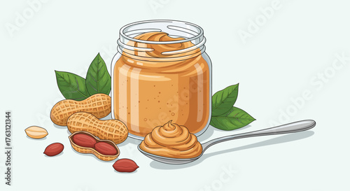 A jar of peanut butter with peanuts and a spoon on a white background with green leaves near by