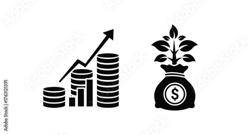 Financial growth depicted with money stacks a plant and rising graph