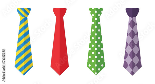 A colorful collection of patterned neckties displayed against a white background