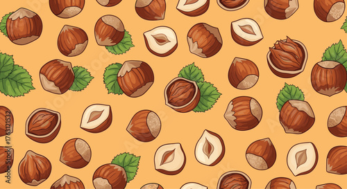 Seamless pattern of hazelnuts whole and halved with leaves on a light brown background illustration