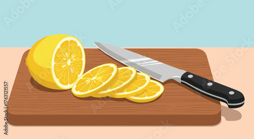 A lemon cut in half with slices and a knife on a wooden cutting board against a blue background
