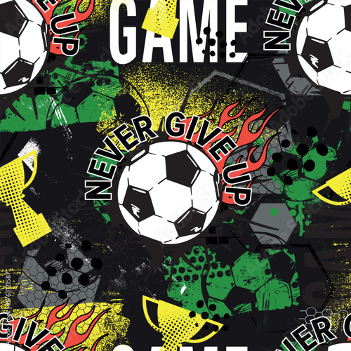 Abstract seamless pattern for boys. Football pattern. Grunge urban pattern with football ball. Sport wallpaper on white background with black and green. Repeated sport pattern.