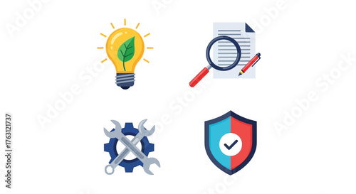 Innovation security and progress represented by various flat design icons
