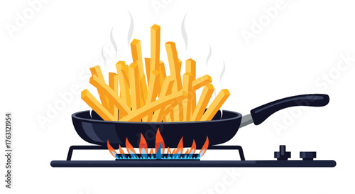 A frying pan full of french fries cooking on a gas stove with visible flames and rising steam effect