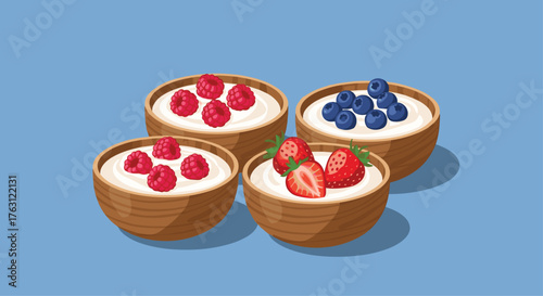 Illustration of four wooden bowls filled with yogurt and different berries on a blue background