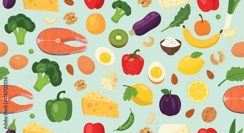 A seamless pattern of various healthy foods including fruits vegetables and protein sources on light blue