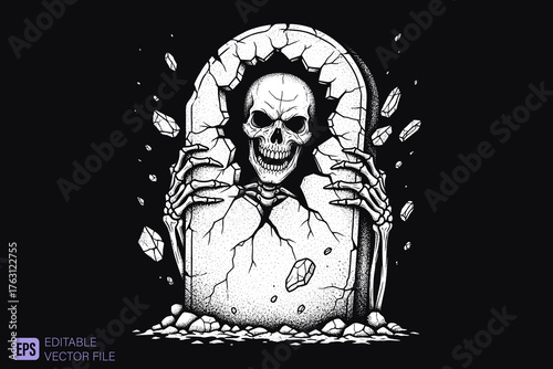 Skull Breaking Out of Gravestone Vector Illustration.