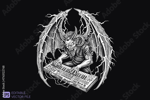 Demonic Musician Playing Keyboard with Bat Wings and Horns.