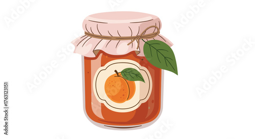 A jar of peach jam with a fabric lid tied with twine and a peach label with a green leaf on it