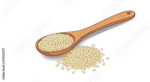A wooden spoon filled with sesame seeds next to a pile of seeds on a white background image art