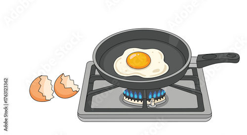 Illustration of a fried egg in a pan on a stove with eggshells beside it on a white background