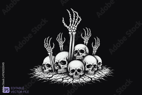 Pile of Skulls and Skeleton Hands Emerging from Cracked Earth.
