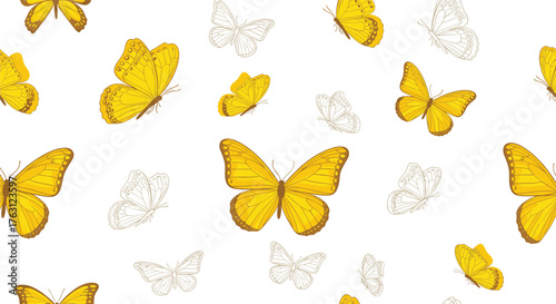A pattern of yellow butterflies and white outlined butterflies on a white background surface design
