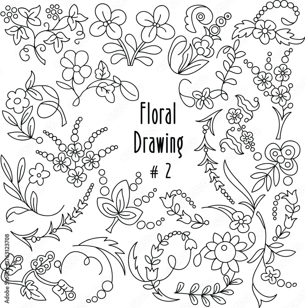 Fototapeta premium Floral Line Drawing Vector Set