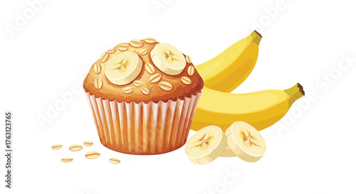 A banana muffin with banana slices and oats on top next to two bananas and banana slices on white