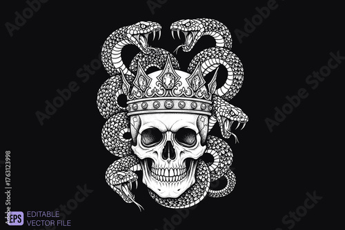 Skull with Crown and Snakes Tattoo Design Illustration.