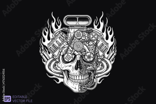 Skull with Engine Parts and Flames Vector Illustration.