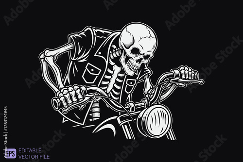 Skeleton Biker Riding Motorcycle in Monochrome Style.