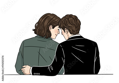 A couple embracing heads near Woman in green man in black suit