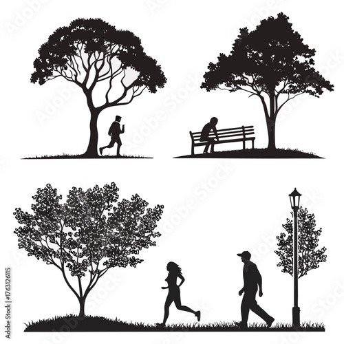 Vector art of people in park silhouette, man and woman jogging, man sitting on bench
