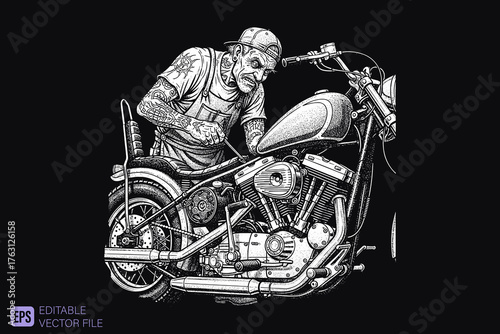 Vintage Motorcycle Mechanic Working on Classic Bike Engine.