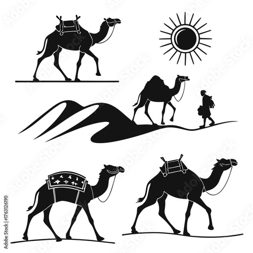 Vector art of desert landscape with camels dunes, sun, and traveler