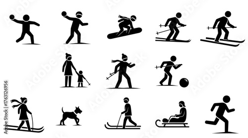 Collection of diverse winter sport silhouettes depicting skiing snowboarding sledding and people enjoying outdoor activities