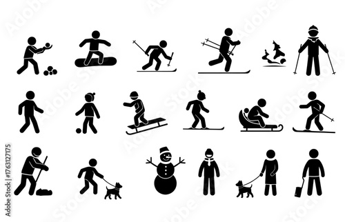 Collection of winter sports and activities icons featuring skiing snowboarding sledding and dog walking