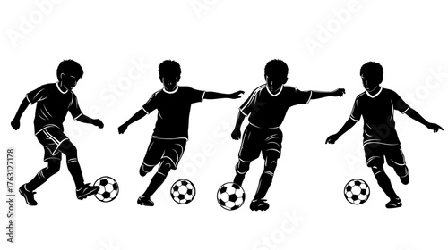 Silhouettes of four young boys playing soccer with a ball on a transparent background in a dynamic action pose