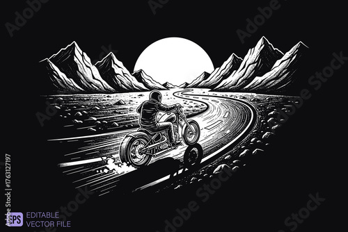 Motorcyclist riding on a winding road under a full moon at night