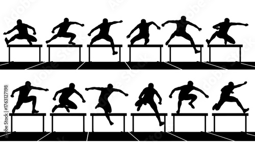 Silhouettes of athletes jumping over hurdles in a track and field race demonstrating athletic movement and competition