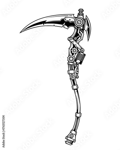 Detailed black and white illustration of a steampunk scythe with intricate gears and mechanical components