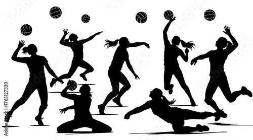 Dynamic silhouettes of volleyball players in action during a match with balls in the air