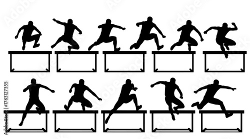 Dynamic silhouettes of athletes hurdling over obstacles in a sequence of athletic movements and sports action