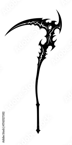 A stylized sharp black tribal scythe with a curved blade and jagged edges on a white background