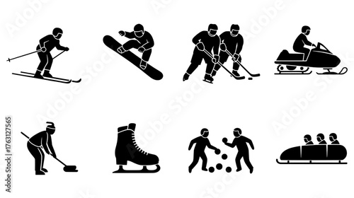 Collection of eight black and white silhouette icons representing various winter sports and activities in a grid layout