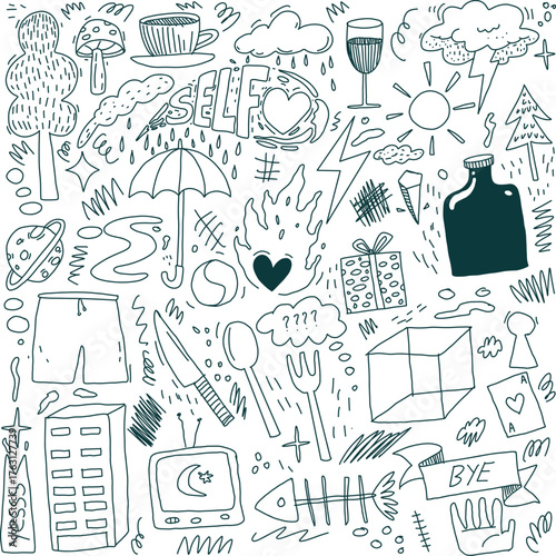 Whimsical doodle illustrations of everyday life and objects