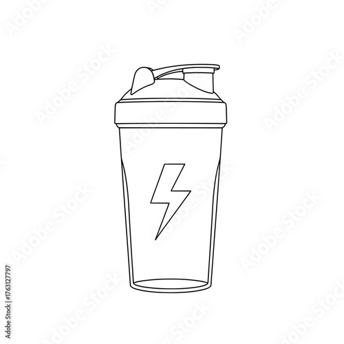Clean outline drawing of a transparent protein shaker bottle with a lightning bolt symbol on a white background